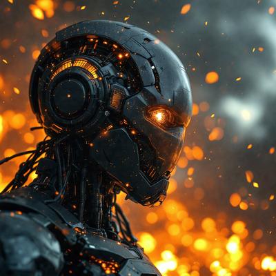 Primary subject: A robot with a glowing face and a futuristic design.

Setting/background: The robot is standing in front of a backdrop of fire and smoke, creating a dramatic and intense atmosphere.

Visual style: The image is a digital artwork, featuring a robot with a glowing face and a futuristic design.

Colors and mood: The dominant colors in the image are orange and red, which create a sense of danger and intensity. The overall atmosphere is inten